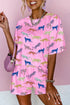 Flower Print Short Sleeve High Waist Two Piece Shorts Set